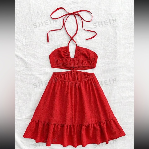 SHEIN Dreamara Red Hollow Out Back Vacation Halter Dress, NEW, Size 8/10 L - Picture 2 of 6